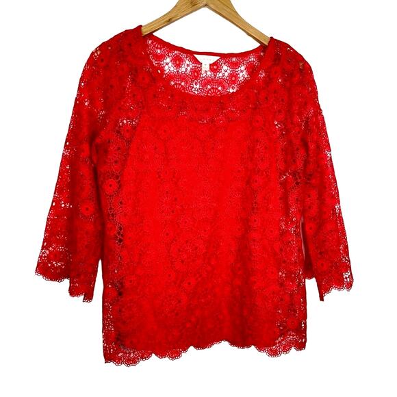 Adiva | Red Lace 3/4 Sleeve Top Cami Underneath M - Picture 1 of 7